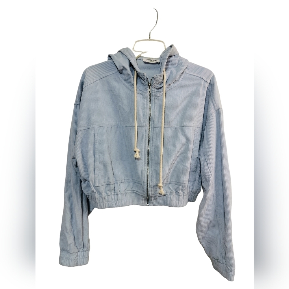 2787) Double Zero Baby Blue Corduroy Cropped Zip Up Hooded Jacket Size Large